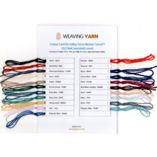 A colour card for Merino Tencel (TM) with the colour names and codes and a sample of each colour attached with a weaver's knot.