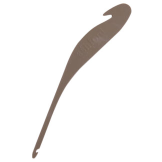 Brown plastic double ended threading hook with "Ashford" moulded into one side.