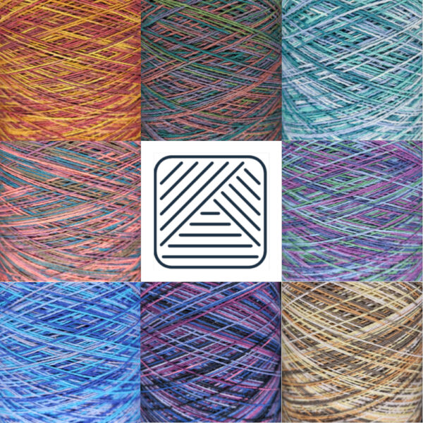 Eight colour combons of Meridian Mill House Variegated Cotton arranged in a square around the company logo