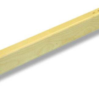A wooden shaft, roughly square in section, one end rounded, holes drilled at the other end for tie-up cords and the treadle pivot.