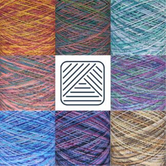 Meridian Mill House Cotton 8/2 NeC Variegated Eight colour combons of Meridian Mill House Variegated Cotton arranged in a square around the company logo